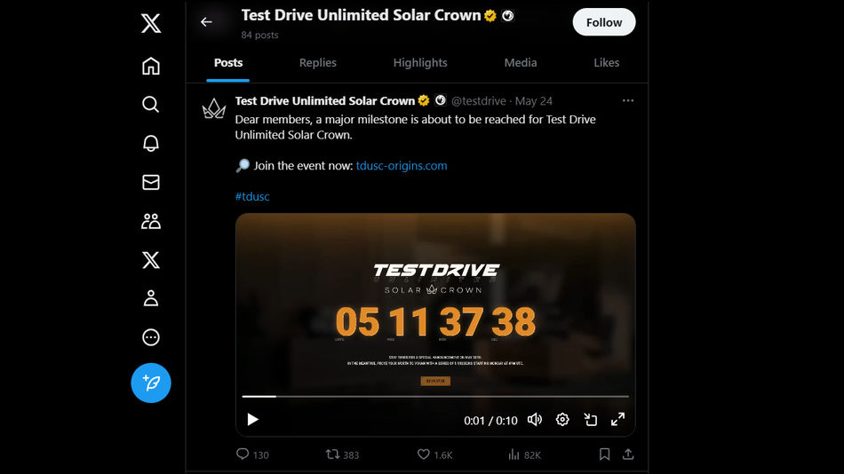 Tweet van het nieuws van TDU Solar Crown met een aftelklok voor 30 mei 2024