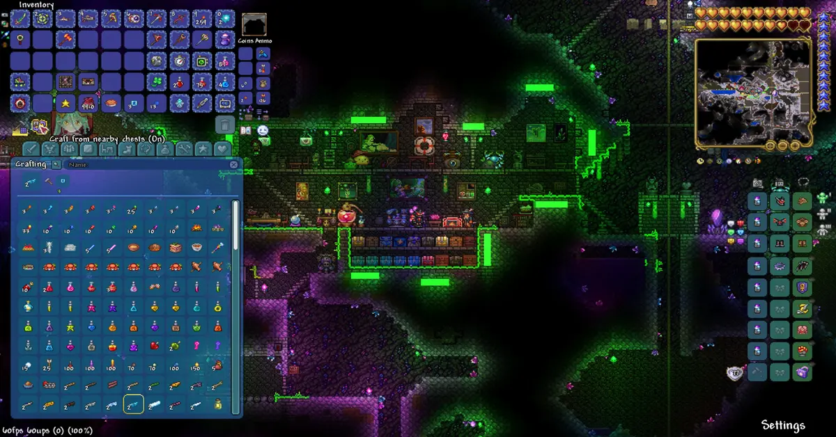 Screenshot van de nieuwe tabulaire crafting-interface en inventarisbeheer in Terraria 1.4.5