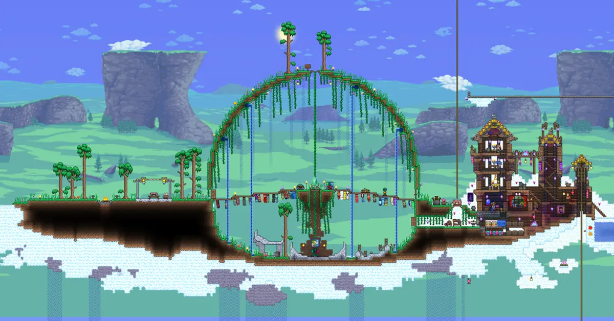 Screenshot van gameplay van de Terraria 15e verjaardag update Bigger and Boulder