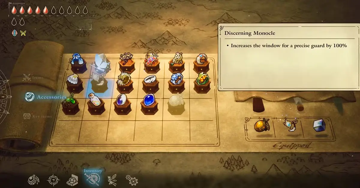 In-game screenshot met de nadruk op het inventarisscherm en de accessoireslots in The Adventures of Elliot