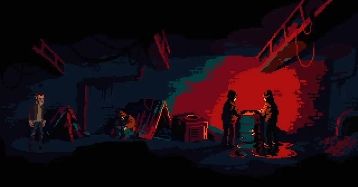 The Drifter maakt gebruik van zware schaduwen en rauwe pixel art om zijn neo-noir pulp thriller-esthetiek neer te zetten.