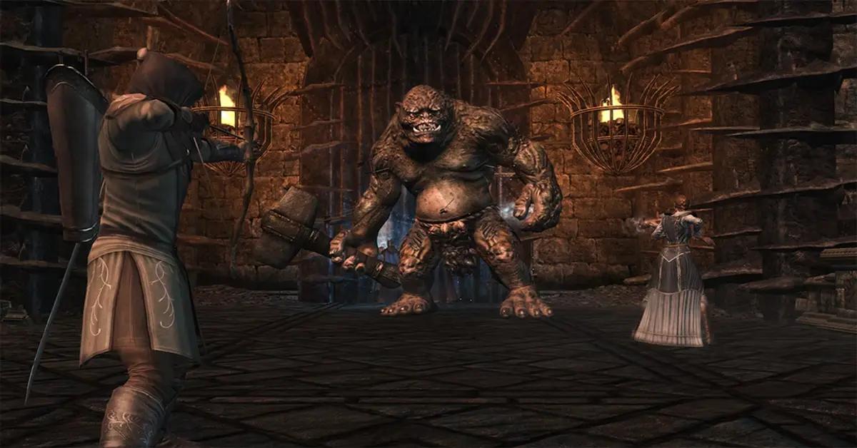 Screenshot van tactische gevechten met drie spelers in The Lord of the Rings: War in the North - Legacy Edition.
