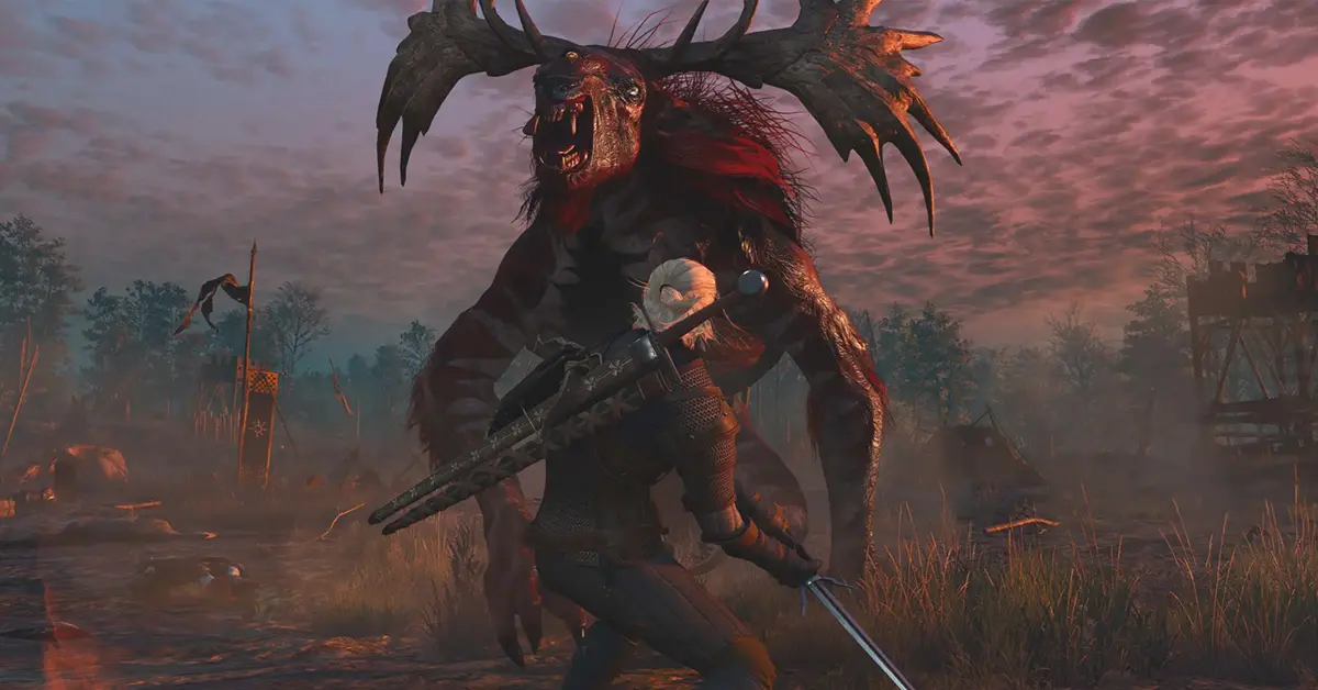 Geralt vecht tegen een griffioen in The Witcher 3 Wild Hunt