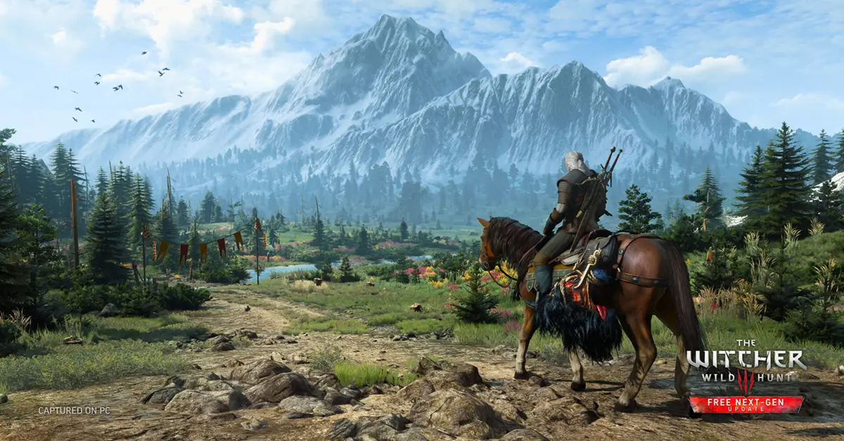 Geralt of Rivia kijkt uit over het weelderige, ray-traced landschap van Velen in The Witcher 3 Next-Gen