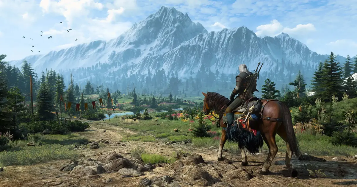 Geralt van Rivia die uitkijkt over het landschap van Velen in The Witcher 3