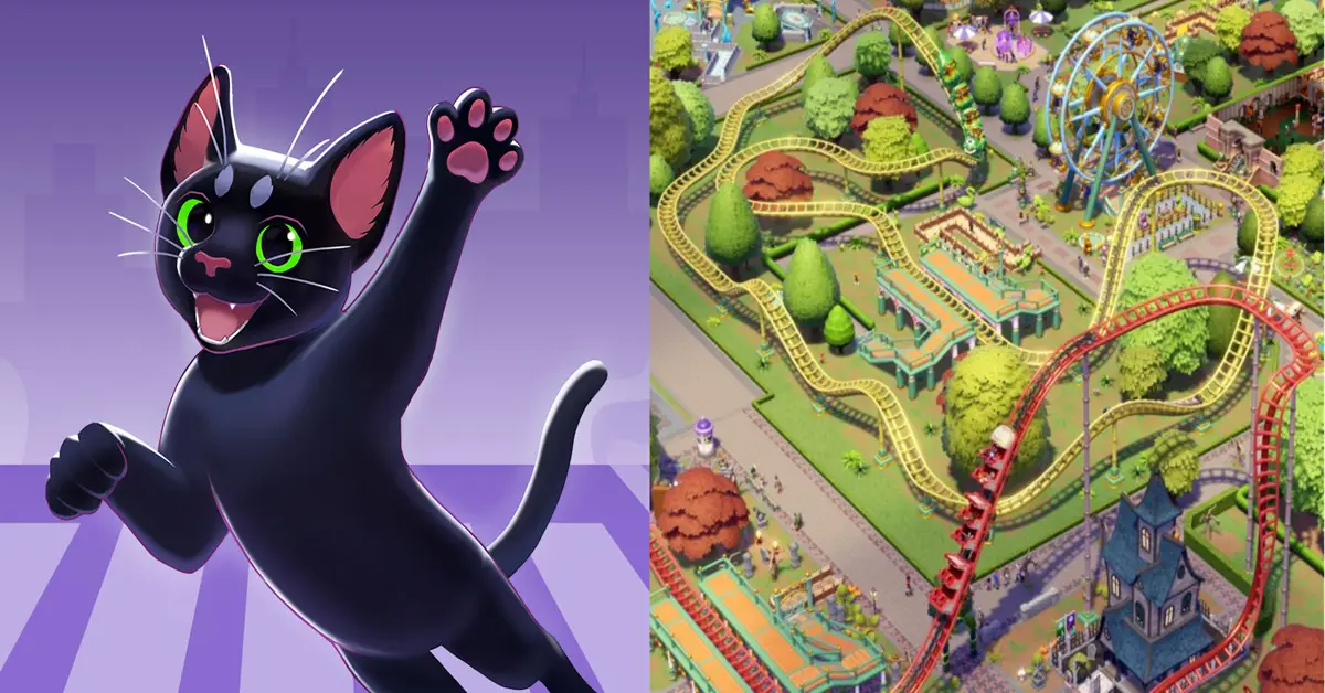 Gesplitste weergave die het gratis Little Kitty display toont naast een enorme achtbaan uit de betaalde DLC.