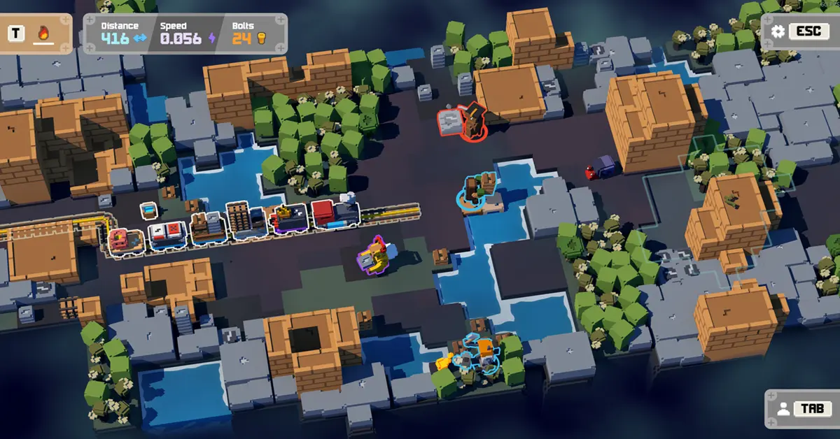 Co-op gameplay screenshot van Unrailed 2 Back on Track waarop personages een brug over een rivier bouwen
