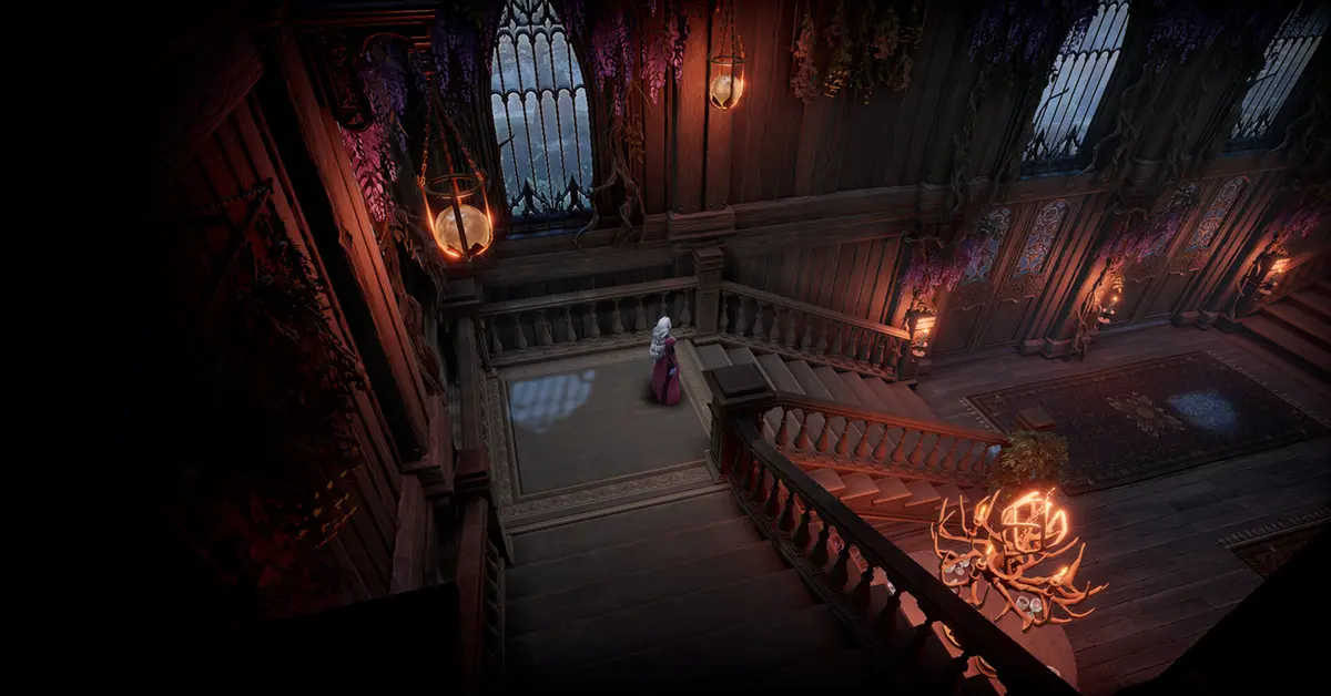 Een door een speler ontworpen vampierkasteel met meerdere niveaus in V Rising.