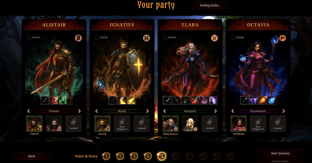 Kies je characters, stel je party samen en maak ze tijdens je run ijzersterk om elke eindbaas te slopen.