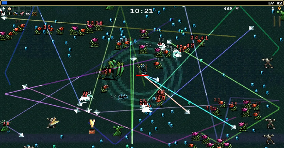 Vampire Survivors wapenevolutie scherm met duizenden vijanden.