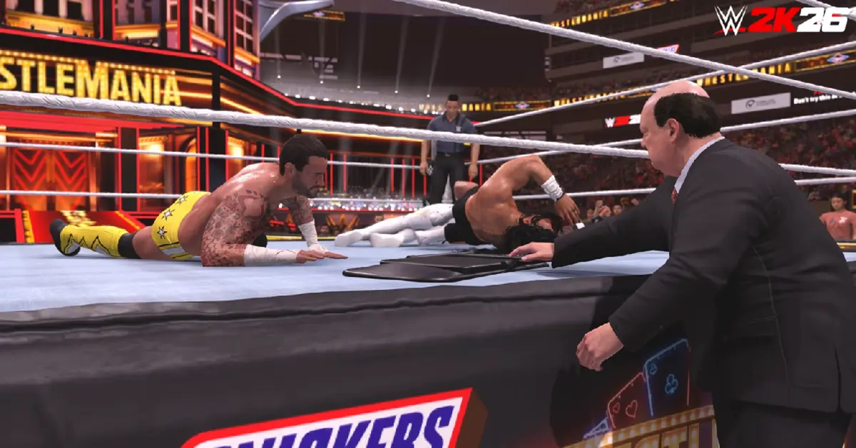 CM Punk die een finishing move uitvoert op een tegenstander in WWE 2K26