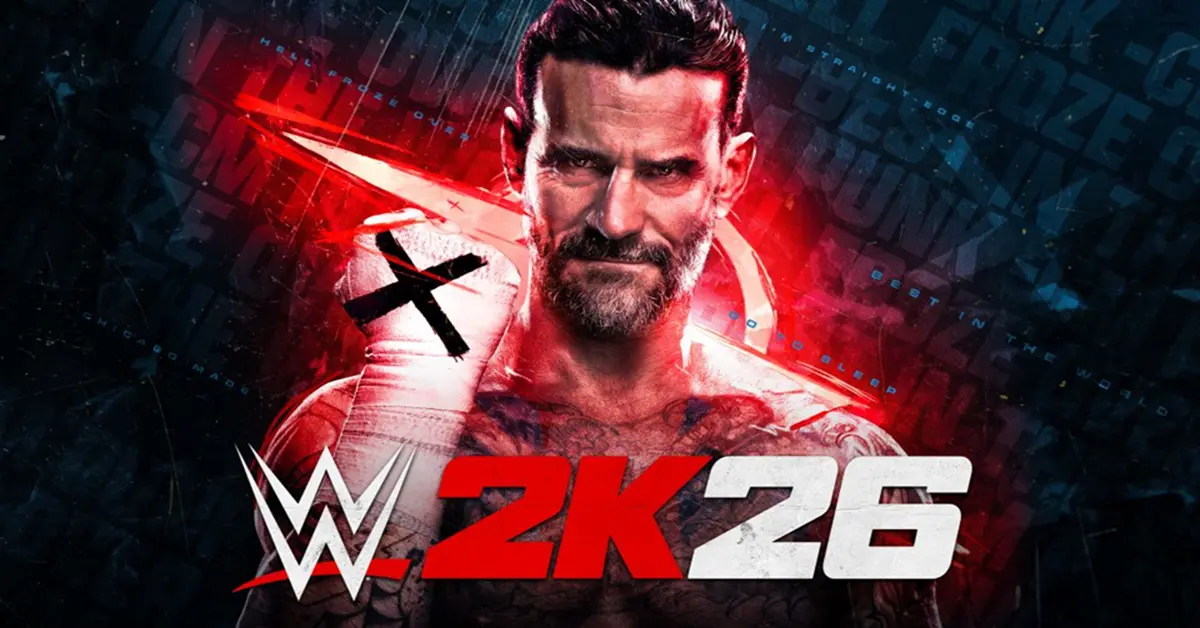 CM Punk maakt zich klaar om de ring te betreden onder felle stadionlampen in WWE 2K26