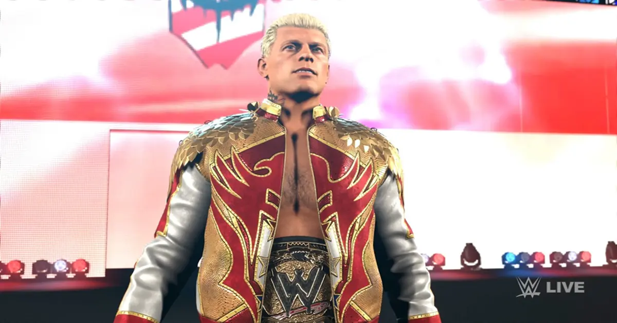Cody Rhodes in de ring omringd door vuurwerk in WWE 2K26