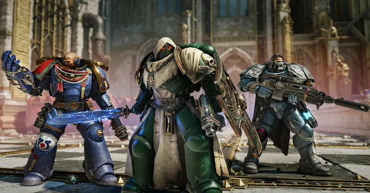 Een driekoppig Space Marine squad verdedigt de linie tegen buitenaardse troepen