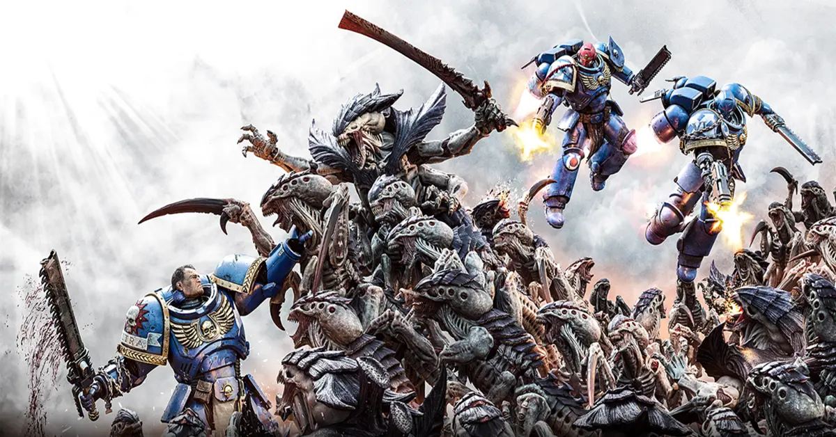 Space Marine die een bolter afvuurt op Tyranid-zwermen in Warhammer 40k Space Marine 2