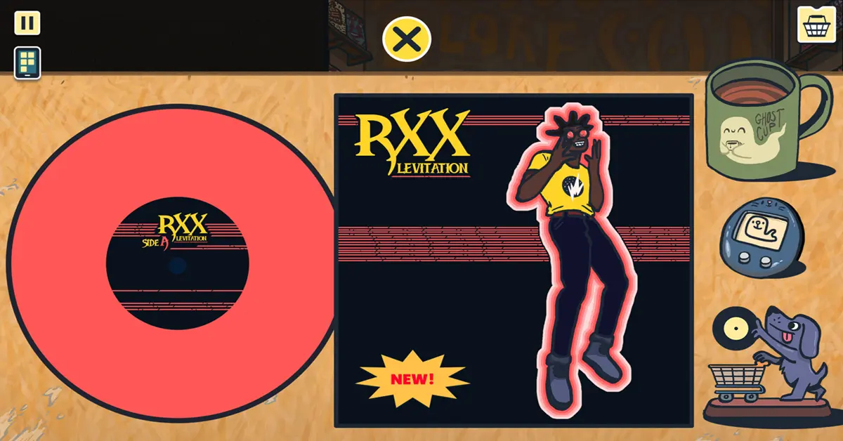 Speler onderzoekt de achterkant van een fictieve vinylplaat in Wax Heads om aanwijzingen te vinden.