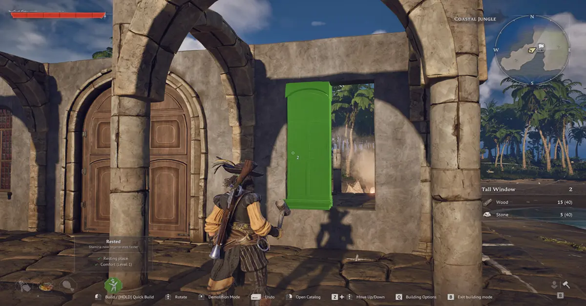 Windrose base building UI toont spelers die een piratenschuilplaats bouwen.