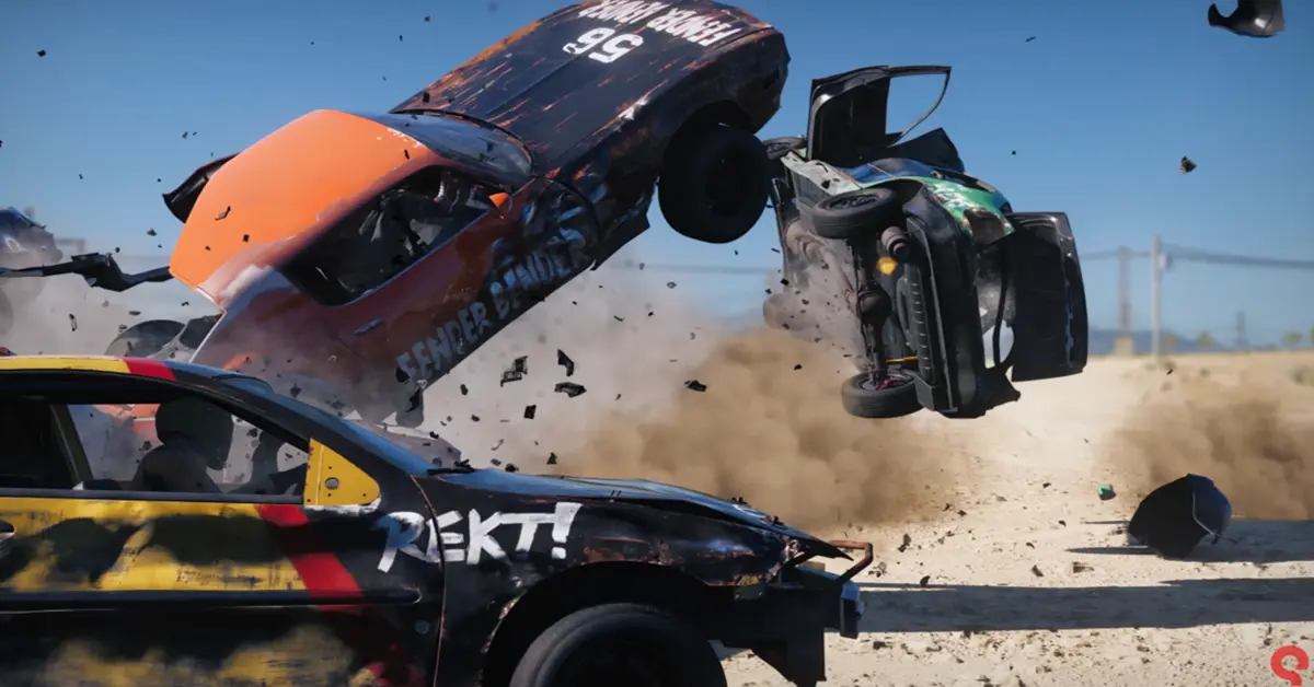 Een zware sedan die ernstige structurele deformatie vertoont na een botsing op hoge snelheid in Wreckfest 2.
