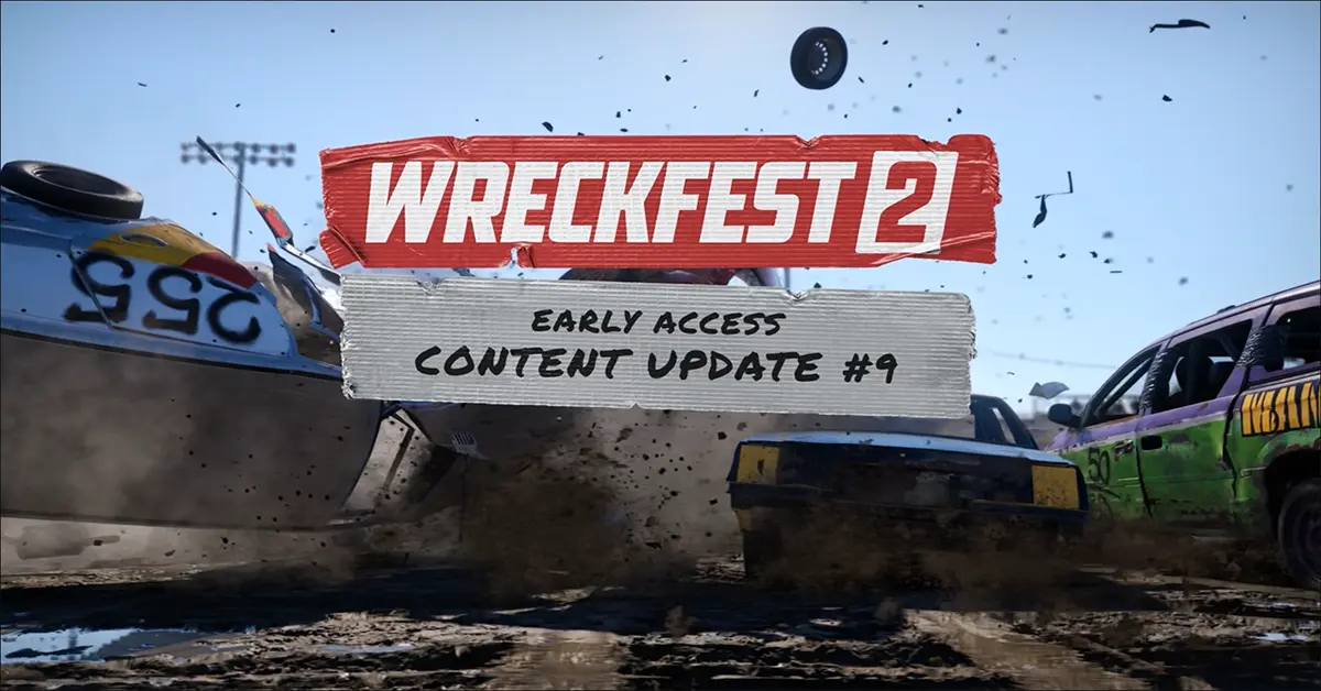 Twee muscle cars botsen in de lucht tijdens de nieuwe Chase-modus in Wreckfest 2 Content Update 9.
