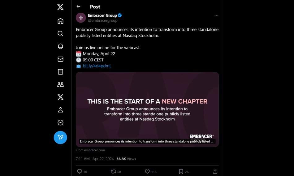 de aankondiging ook op Twitter van de splitsing van Embracer Group