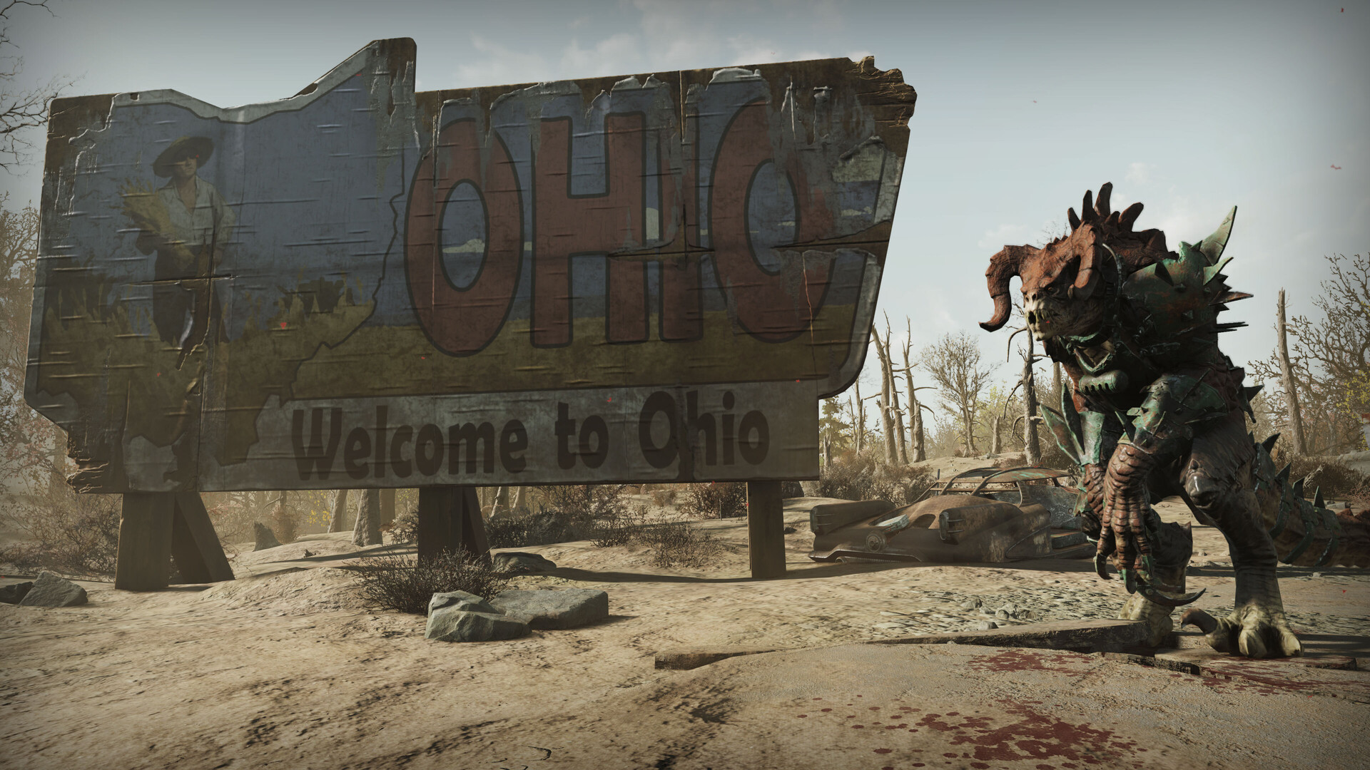 Fallout 76 Skyline Valley landschap met stormachtig wasteland-decor