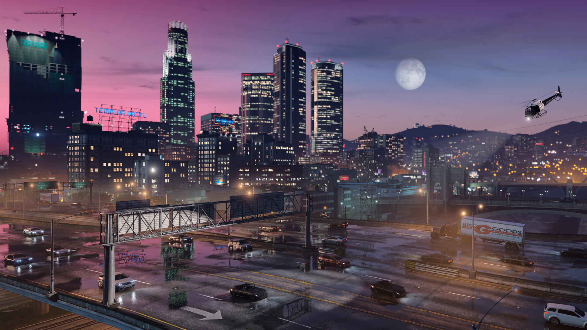 Grand Theft Auto V Enhanced straatscène met auto's en stadslichten