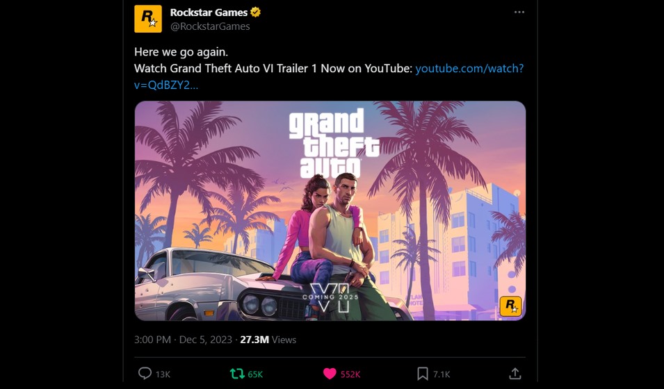 De recordbrekende tweet op Twitter/X van de GTA VI-trailer