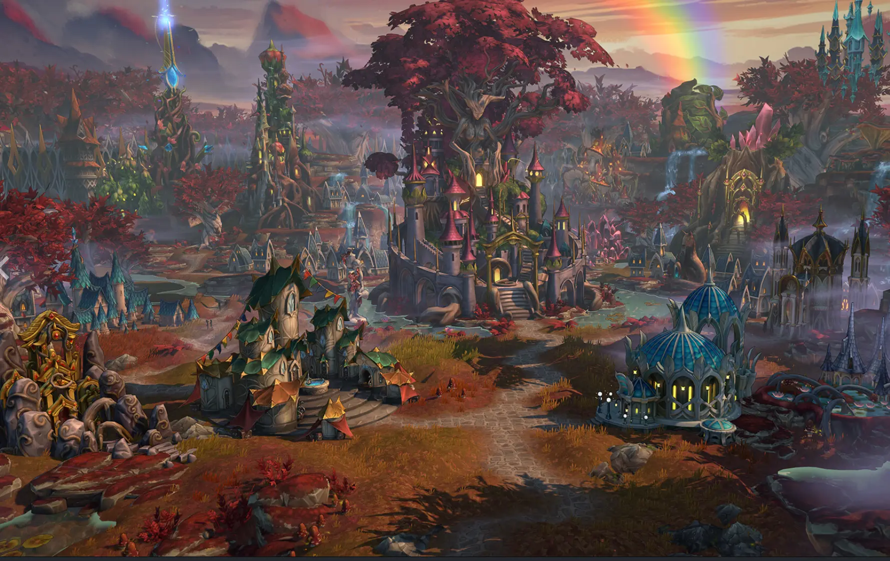 Heroes of Might and Magic Olden Era avonturenkaart met factiesteden en regenboog