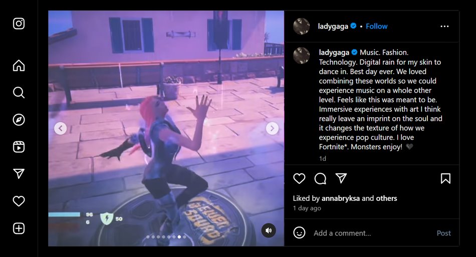 De post van Lady Gaga over Fortnite op Instagram