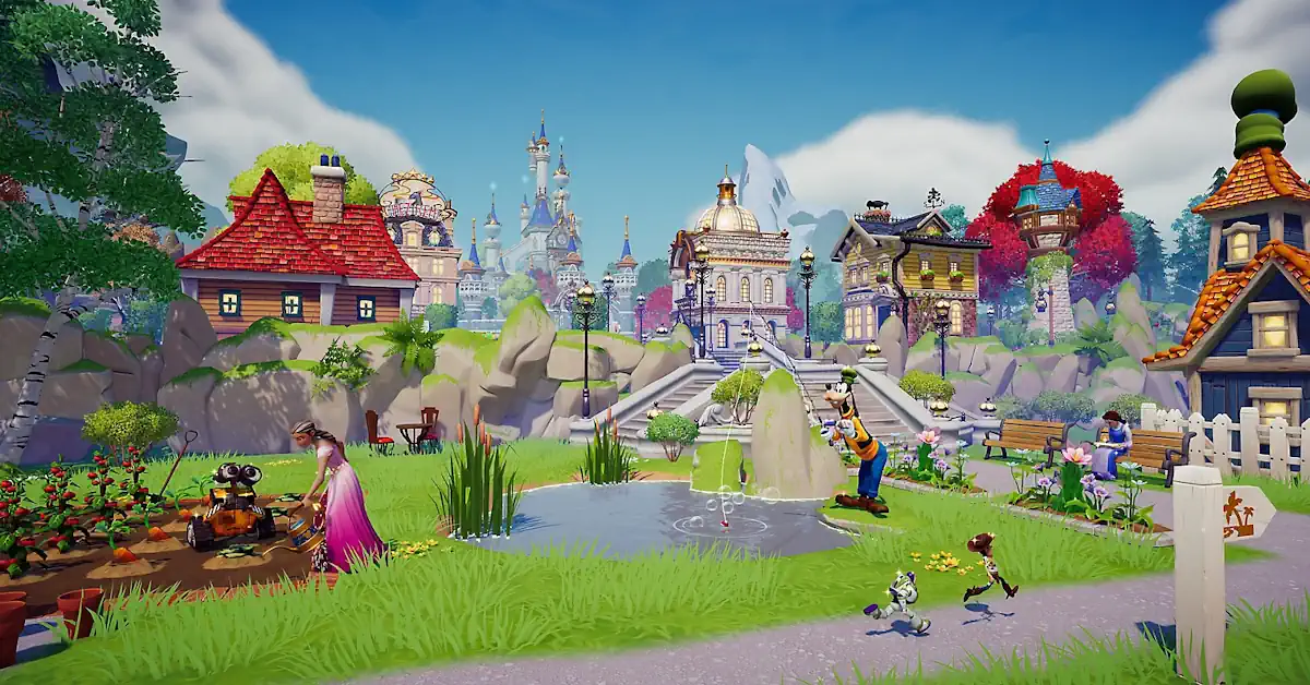 Disney Dreamlight Valley in een hoge resolutie plaza op Nintendo Switch 2