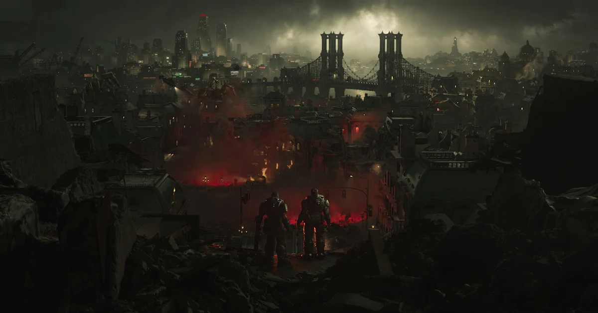 Marcus Fenix en Dom Santiago keren terug in Gears of War: E-Day, dat zich volledig afspeelt in de stad Kalona