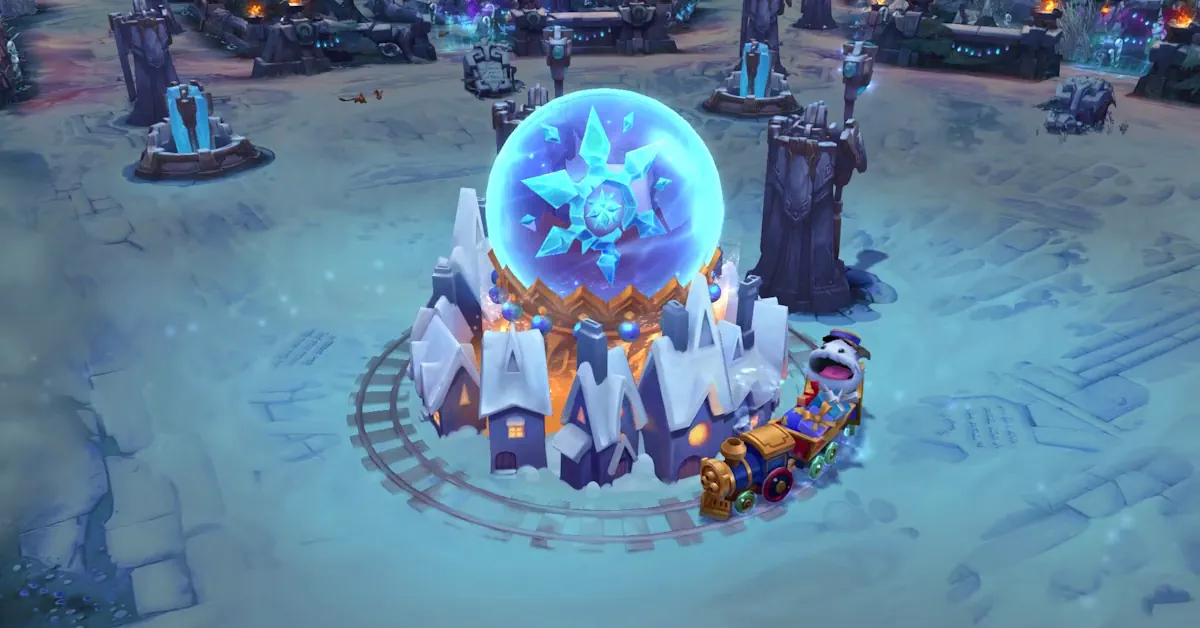Officiële promotie art die de terugkeer van de League of Legends winter map toont met feestelijke Poros