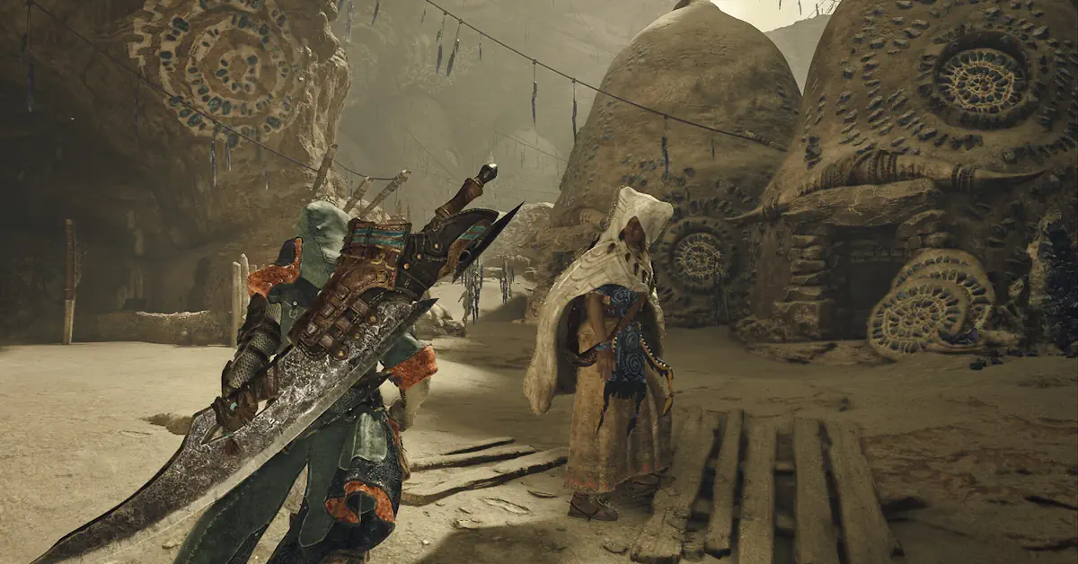 Monster Hunter Wilds jager staat tegenover een groot beest in een weelderige omgeving