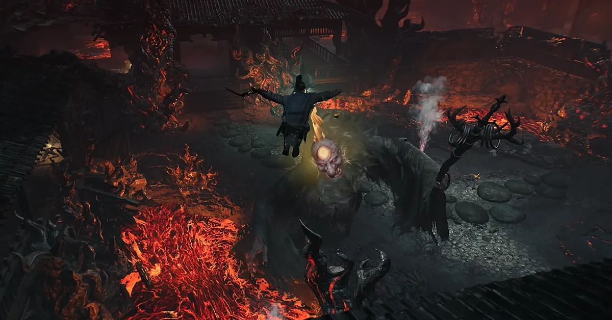 Vol in de aanval tegen een vurige Yokai-baas in Nioh 3