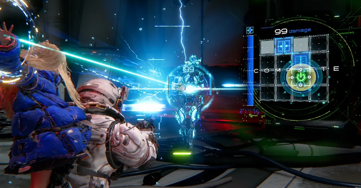 Hugh en Diana navigeren en trotseren de gevaren van de verlaten maanbasis in Pragmata