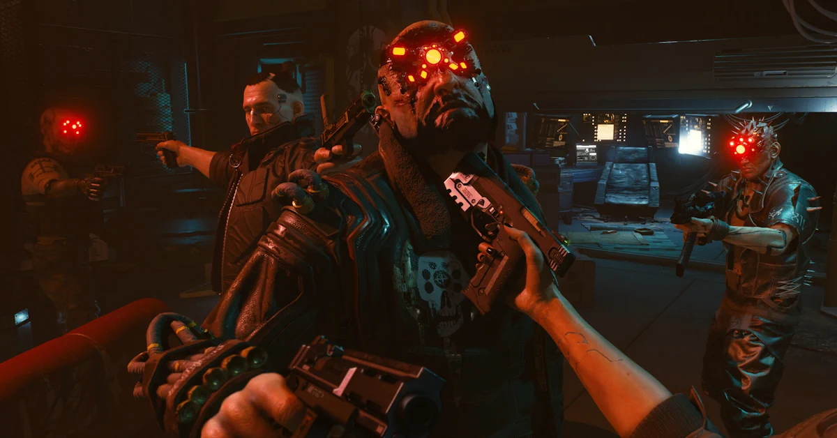 Cyberpunk 2077 first-person gameplay weergave gericht met een wapen in Night City
