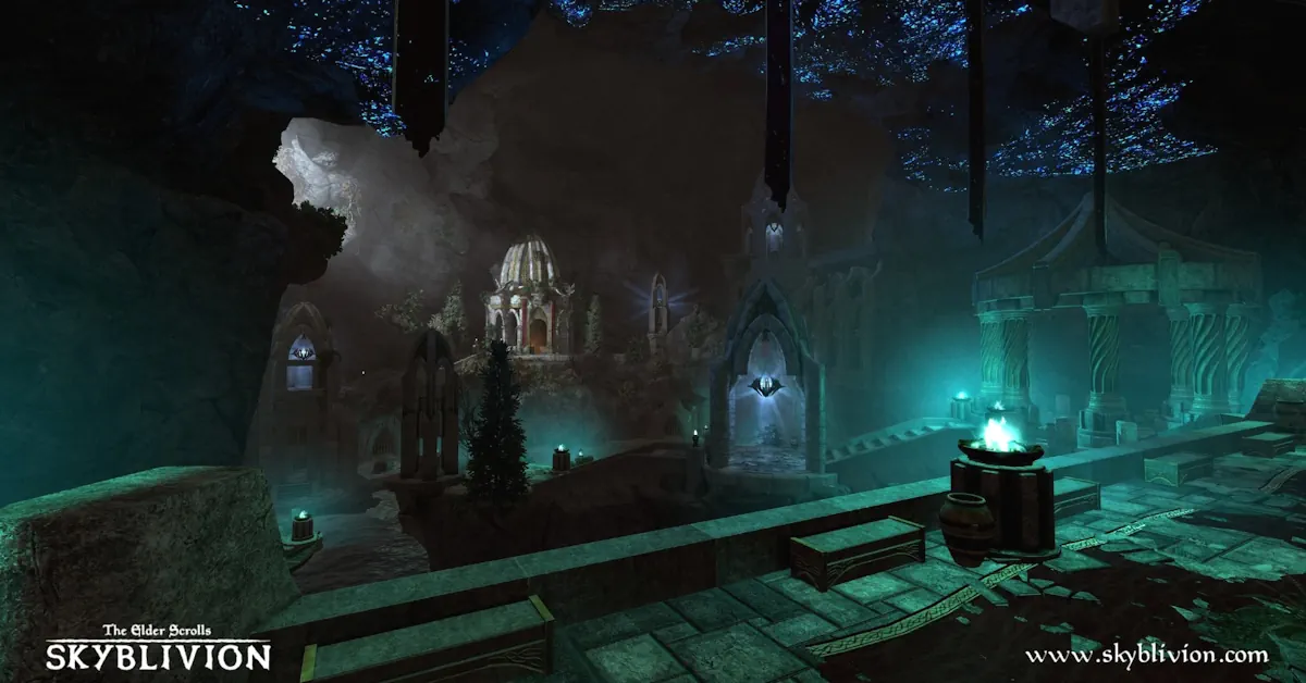 De nieuwe belichting in Wendelbek verandert de ooit vertrouwde Ayleid-ruïne in een werkelijk onheilspellende kerker in Skyblivion