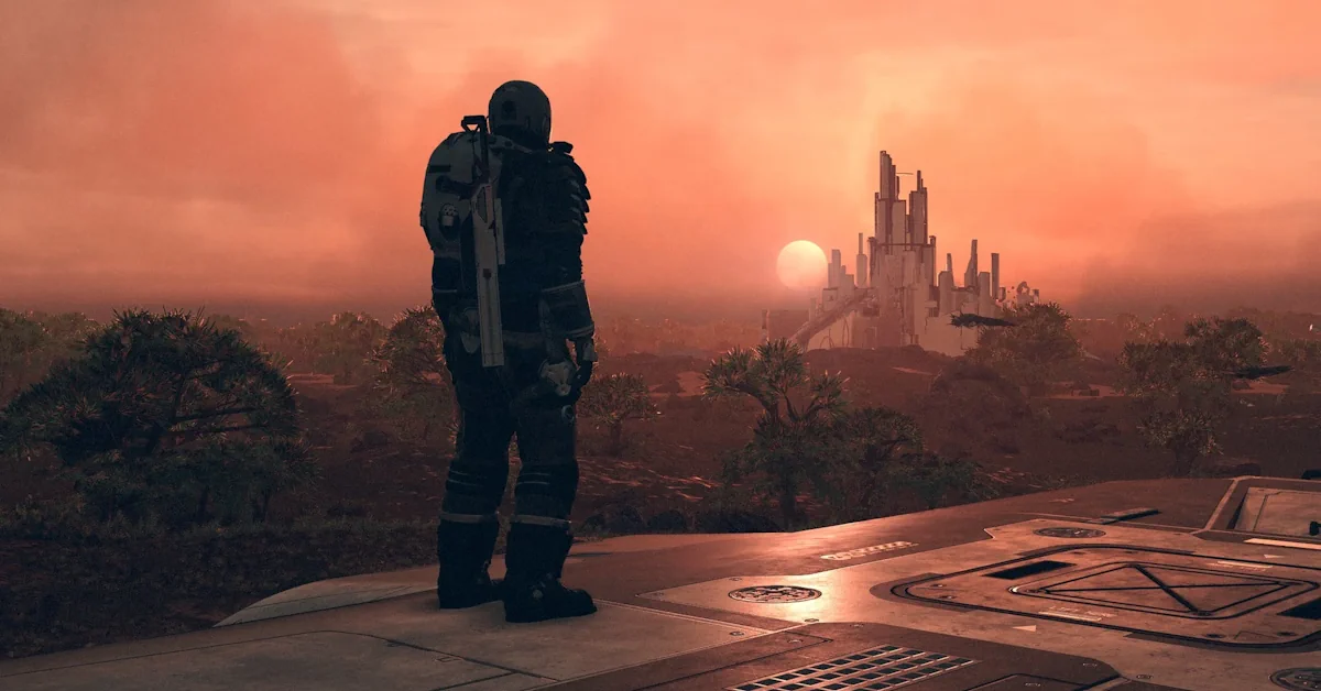 Het Constellation-schip Frontier vliegend over een rotsachtige planeet in Starfield