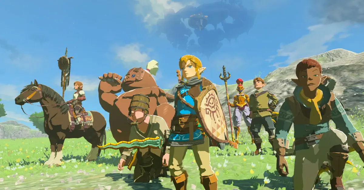 Link kijkt uit over de uitgestrekte open wereld van Hyrule in Tears of the Kingdom