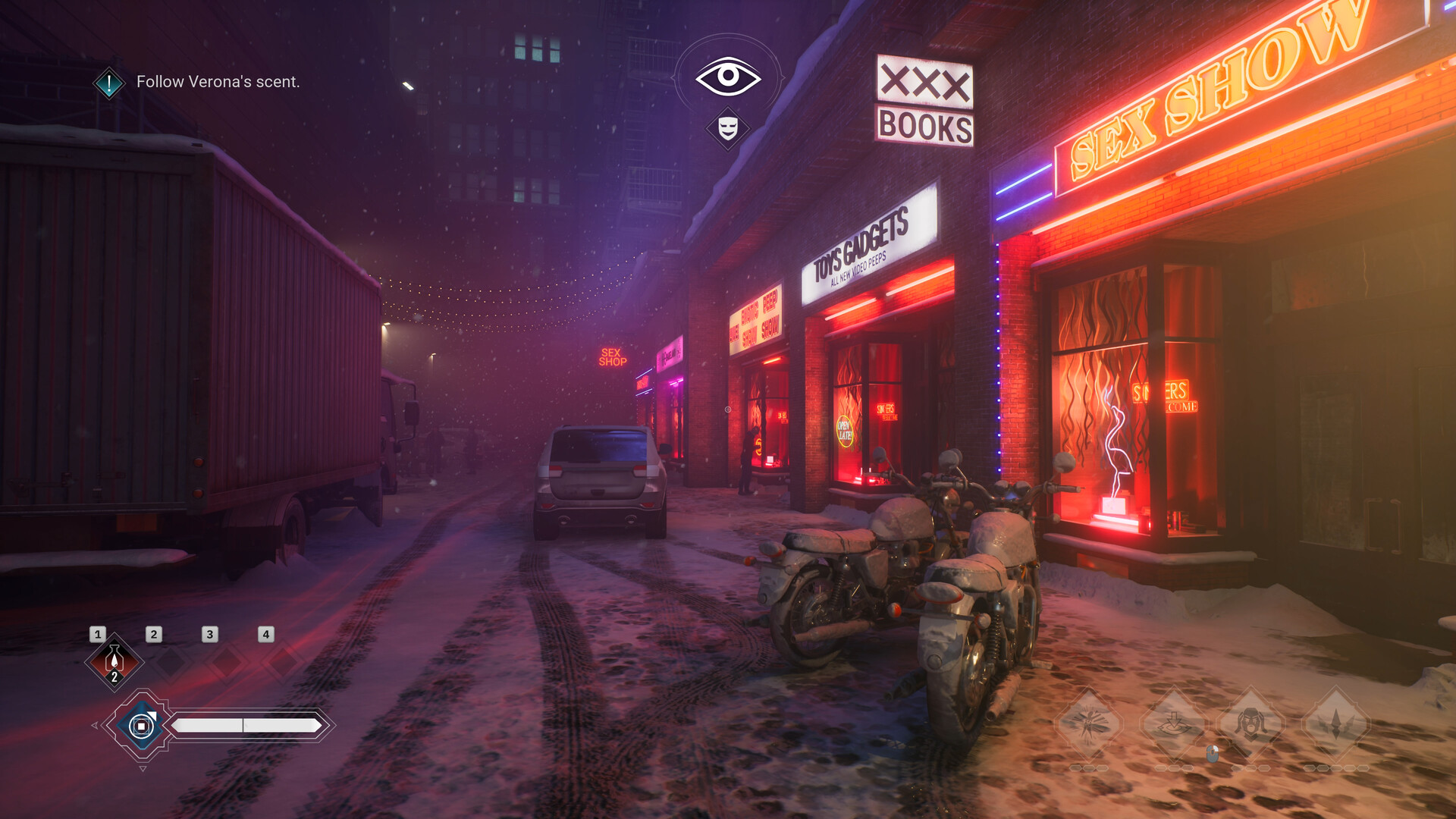 Rue de Seattle sous la neige à la première personne