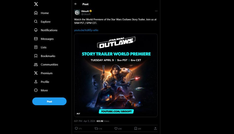 Aankondiging op Twitter (X) van de verhaaltrailer van Star Wars Outlaws