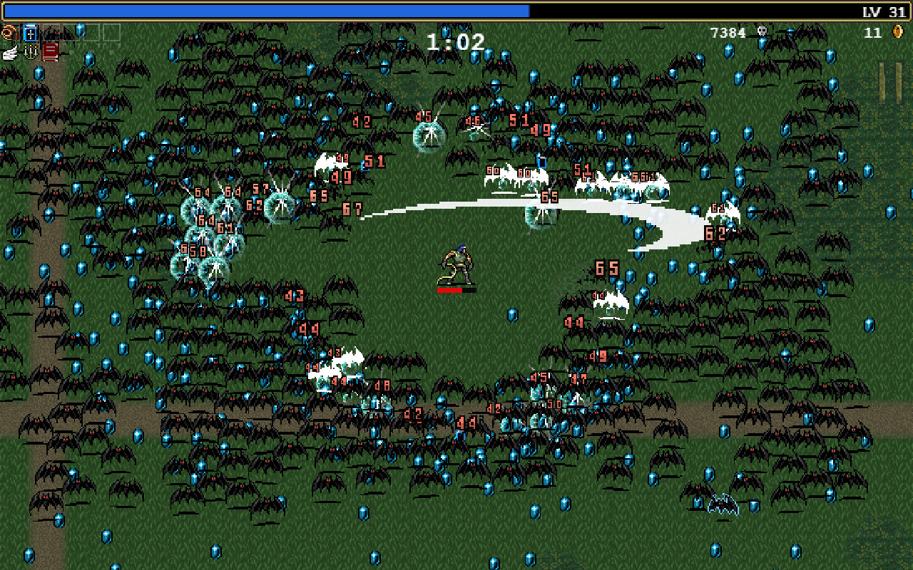 Vampire Survivors character surrounded by enemies and projectile patterns