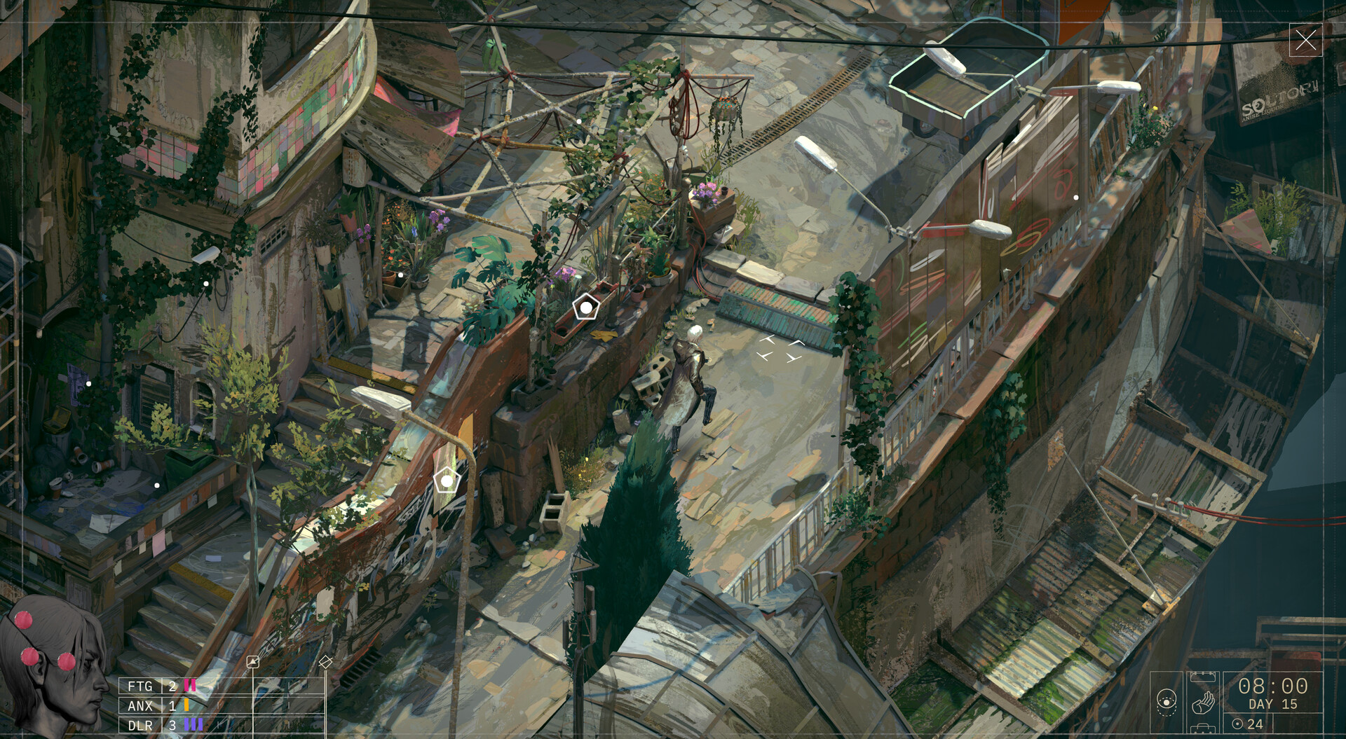 ZERO PARADES: For Dead Spies dialoogscène met politieke spy-RPG-sfeer